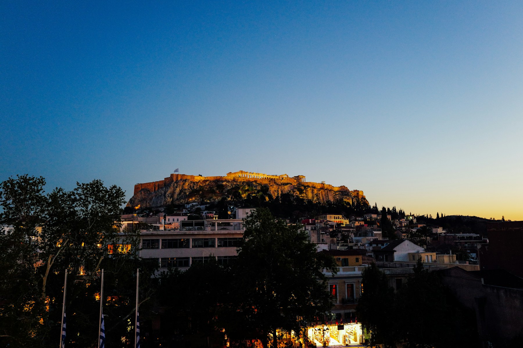 The ancient Acropolis of Athens illuminated at dusk