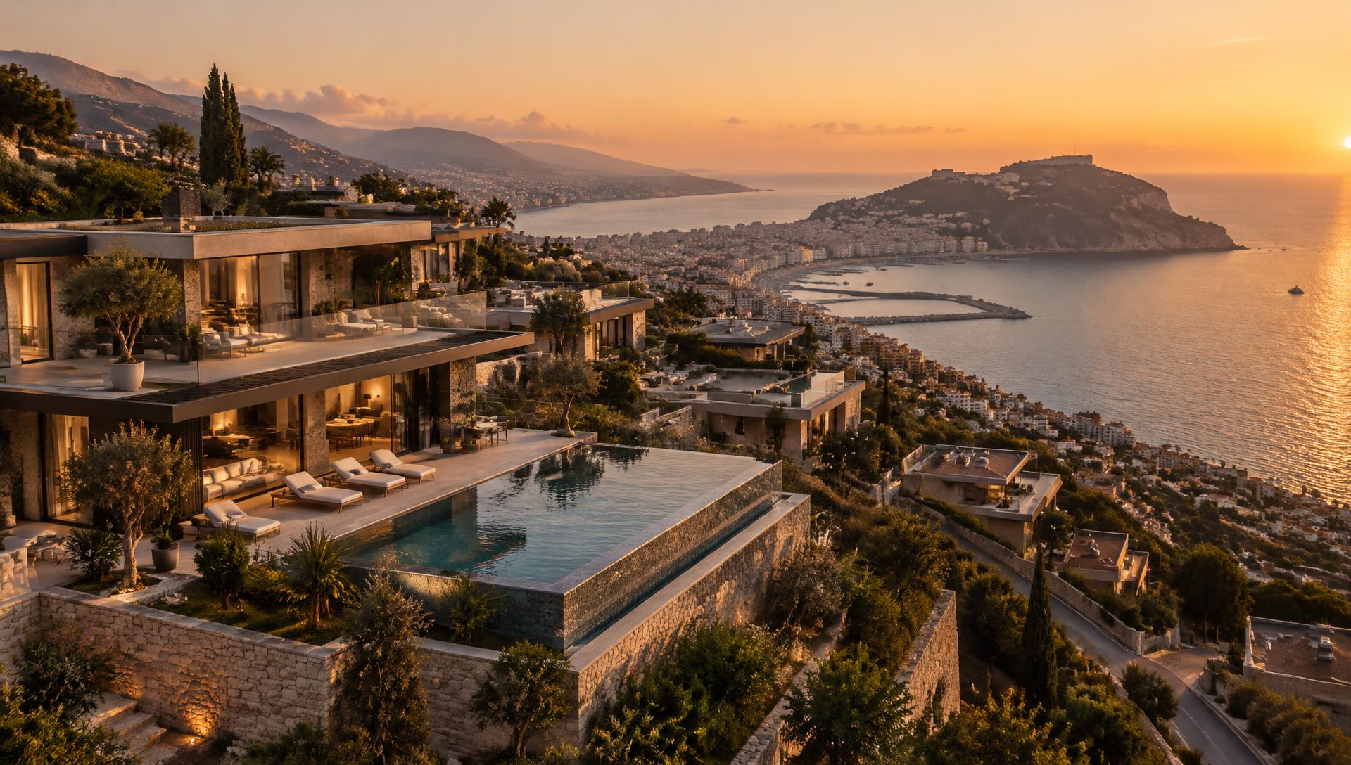 Mediterranean residences and infinity pools overlooking the coastline in golden sunset light